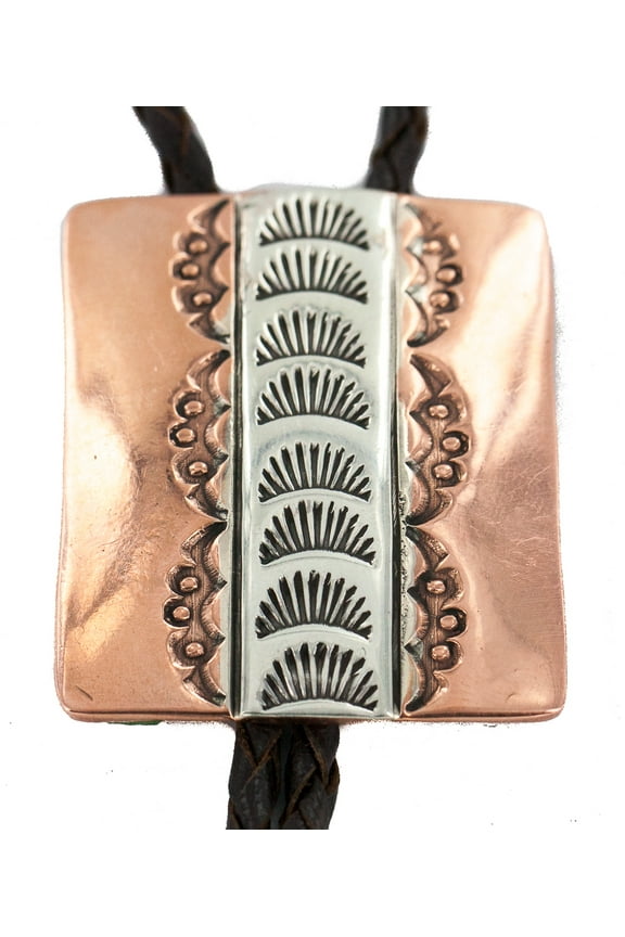 Certified Authentic Handmade Navajo Leather Pure Copper and Nickel Native American Bolo Tie