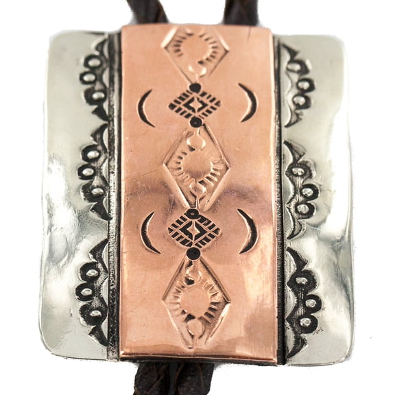 Certified Authentic Handmade Navajo Leather Pure Copper and Nickel Native American Bolo Tie