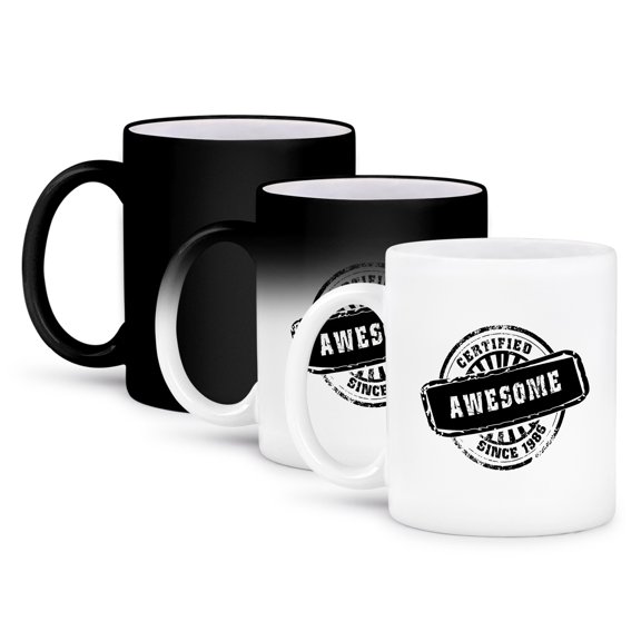 3dRose, Certified Awesome since 1986 - funny birthday personal birth year black stamp - fun humor humorous, 11oz Magic Transforming Mug