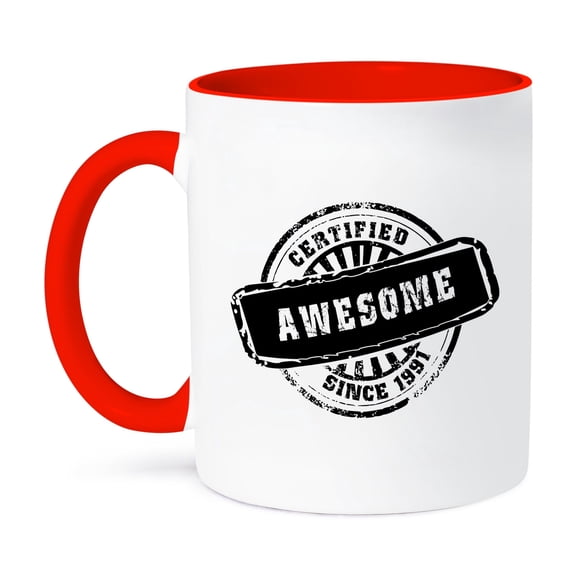 3dRose, Certified Awesome since 1991 - funny birthday personal birth year black stamp - fun humor humorous, 15oz Two-Tone Red Mug