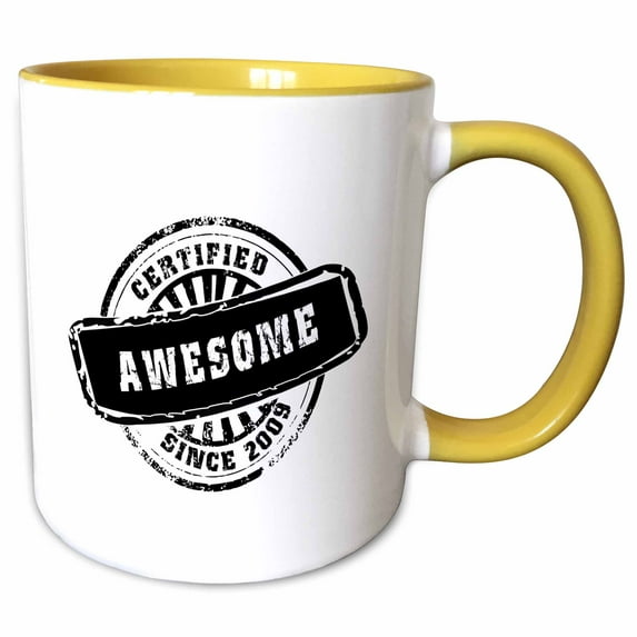 3drose, Certified Awesome Since 2009 - Funny Birthday Personal Birth Year Black Stamp - Fun Humor Humorous, 15oz Two-tone Yellow Mug