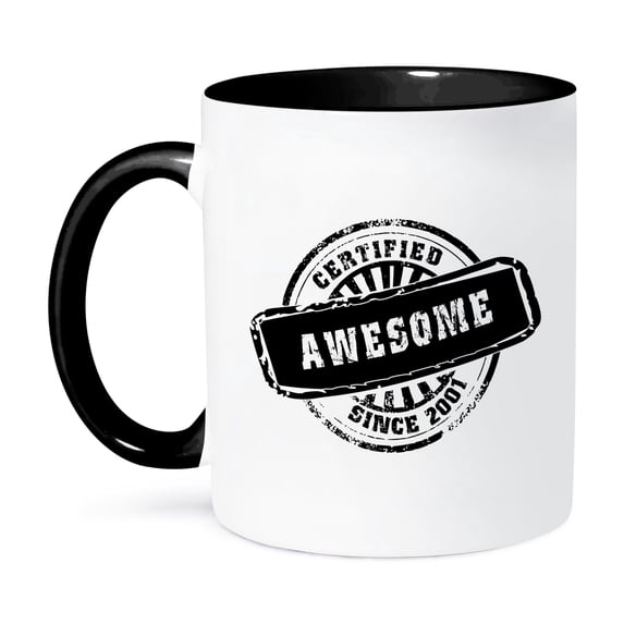 3dRose, Certified Awesome since 2001 - funny birthday personal birth year black stamp - fun humor humorous, 15oz Two-Tone Black Mug