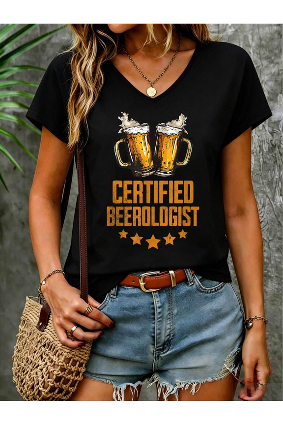 Certified Beerologist Funny Expert Beer Lover Tee V Neck T-Shirt Cotton Women's V Neck Graphic Tee, Casual Short Sleeve Shirt,Vacation Outfit