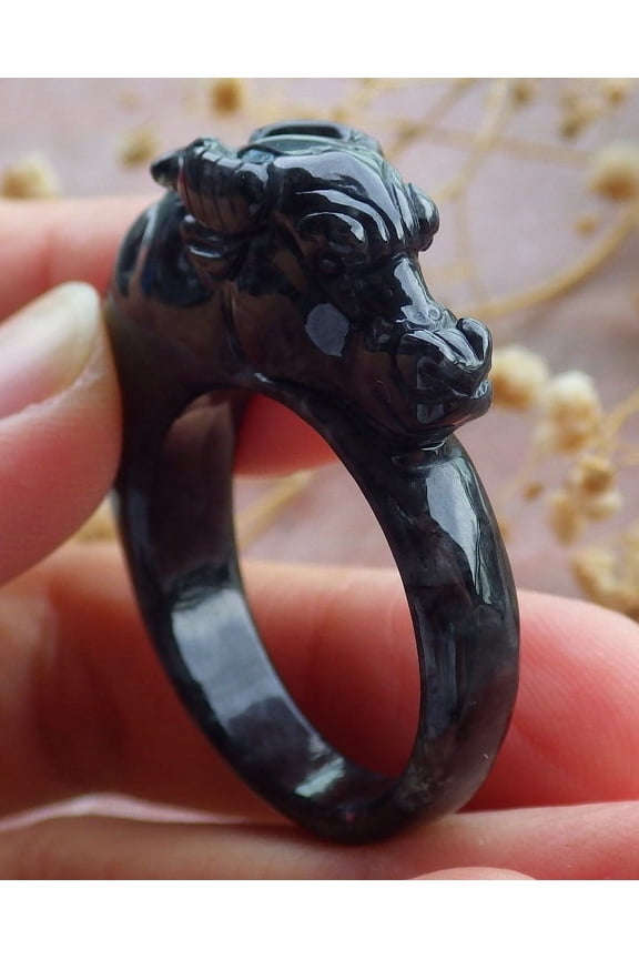 Certified Black Burma 100% Natural A JADE Jadeite Cow Ox RING USA. 13 RING 668941 TN