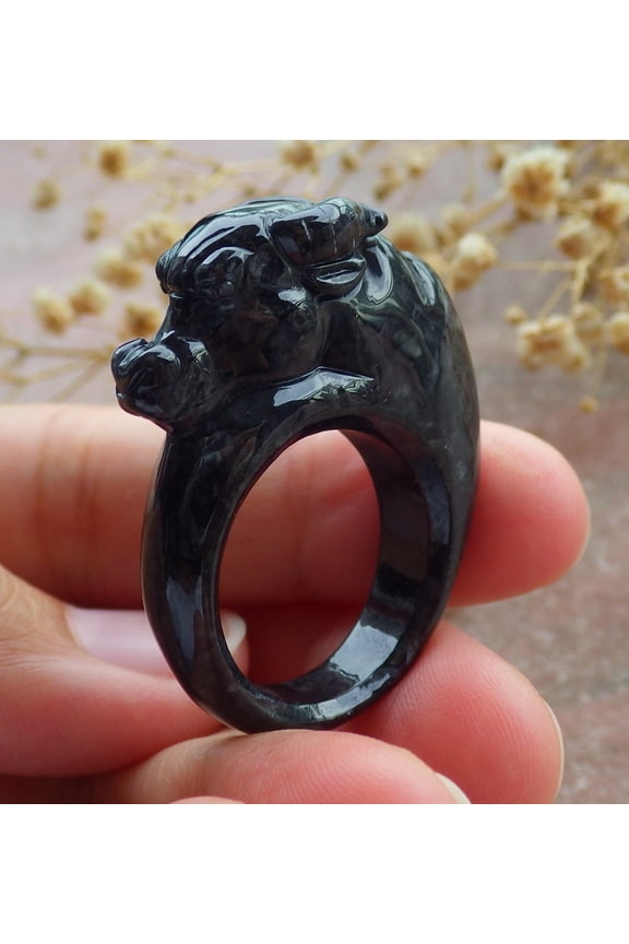 Certified Black Burma 100% Natural A JADE Jadeite Cow Ox RING USA. 9 RING 668968 TN