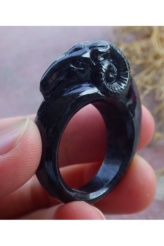 Certified Black Burma Natural A JADE Jadeite Sheep RING USA. 10.25 RING 670681 TN
