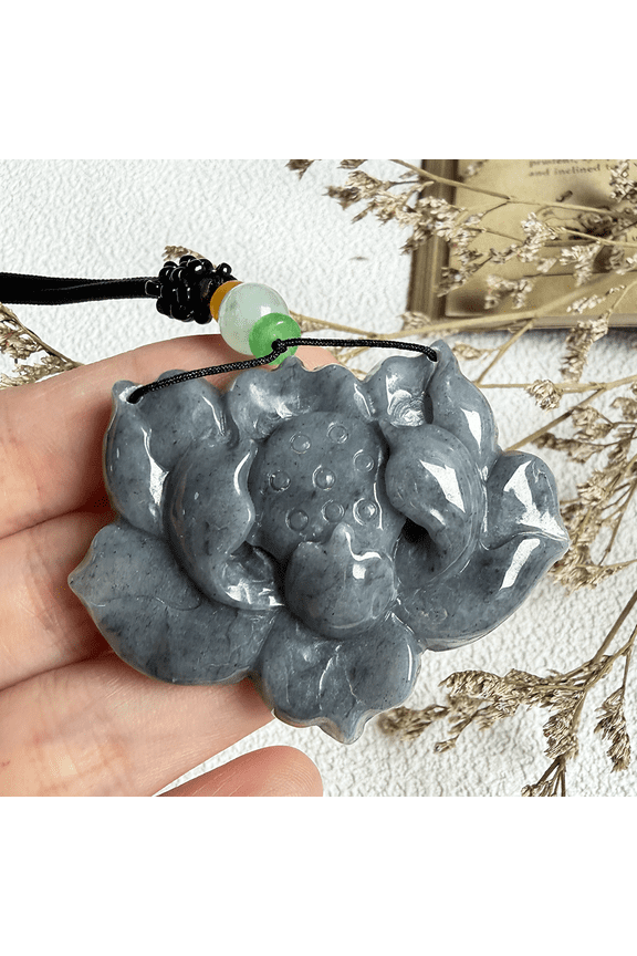 Certified Black Natural A Jade jadeite Necklace Pendant Lotus Flower 101420