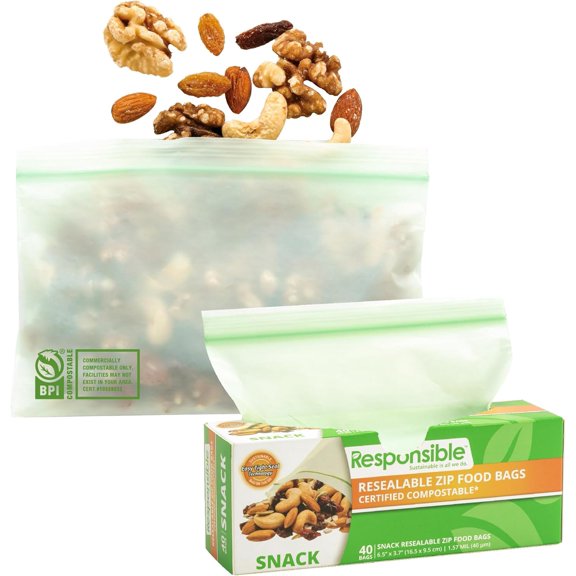 Certified Compostable SNACK Resealable Zip Bag, Extra Strength Food Bags, Plant-Based Freezer-Safe (40 Pack)