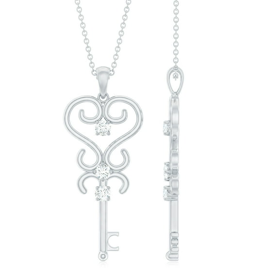 Rosec Jewels Vintage Inspired Cubic Zirconia Key Pendant Necklace with Chain - AAAA Quality - Ready to Gift with Jewelry Box, 18K White Gold