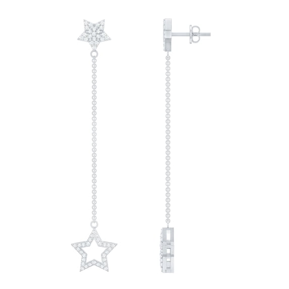 Rosec Jewels Certified Diamond Long Chain Dangle Earrings, Star Earrings (HI-SI Grade), 925 Sterling Silver