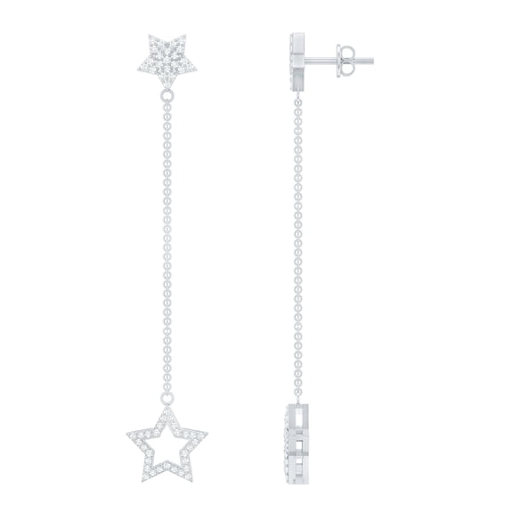 Rosec Jewels Certified Diamond Long Chain Dangle Earrings, Star Earrings (HI-SI Grade), 925 Sterling Silver