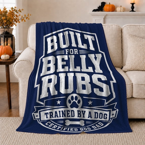 Certified Dog Dad Badge Belly Rubs Quote, Playful Pet Portrait Pattern, Warm Flannel Blanket for Living Room and Reading Nook, Dog Lovers Father's Day Gift, Pet Lover Home Decor