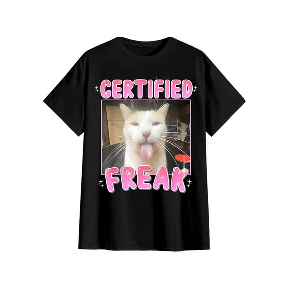 Certified Freak Funny Cat Meme Washed short sleeves T-shirt Sarcastic stick out the tongue cute cat meme shirt cotton casual Pink Graphic Print tee