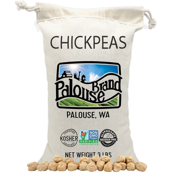 Certified Glyphosate Residue Free Chickpeas | 3 LBS | Family Farmed in Washington State | Desiccant Free | Non-GMO Project Verified | Kosher Parve | Cotton Drawstring Bag
