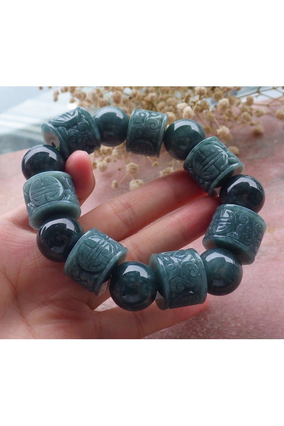 Certified Green Burma 100% Natural A JADE Jadeite Bead Beads Bangle Longevity Ruyi Bracelet 672979 TN