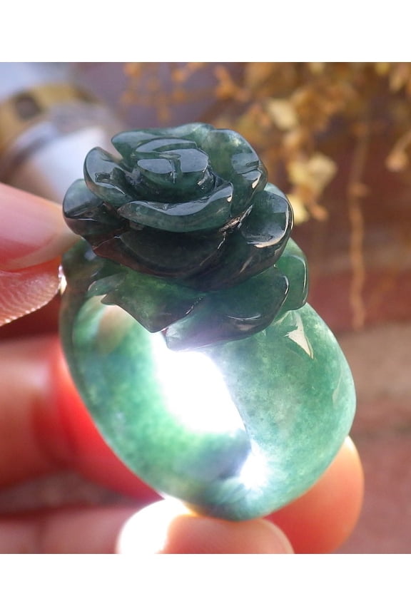 Certified Green Burma 100% Natural A JADE Jadeite Rose Flower RING USA. 8.5 RING 647341 TN