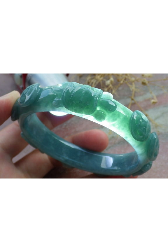 Certified Green Burma 100% Natural A JADE Jadeite Turtle Coin Bangle Bracelet 59 mm 670571 TN