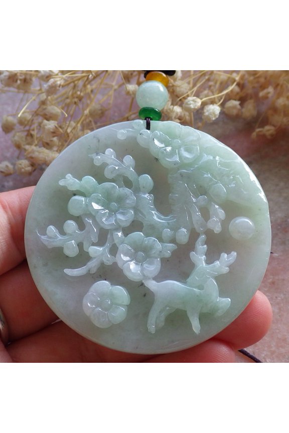Certified Green Burma 100% Natural A Jade jadeite Pendant Deer Flower Necklace 593583 TN