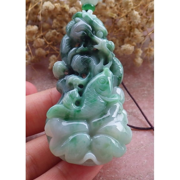 Certified Green Burma 100% Natural A Jade jadeite Pendant Dragon Fish Lotus Leaf Necklace 660498 TN