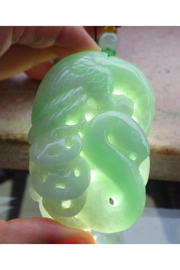 Certified Green Burma 100% Natural A Jade jadeite Pendant Eagle Snake Money Coin Necklace 662885 TN