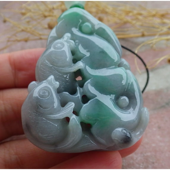 Certified Green Burma 100% Natural A Jade jadeite Pendant Fish Lotus Leaf Ruyi Necklace 639639 TN
