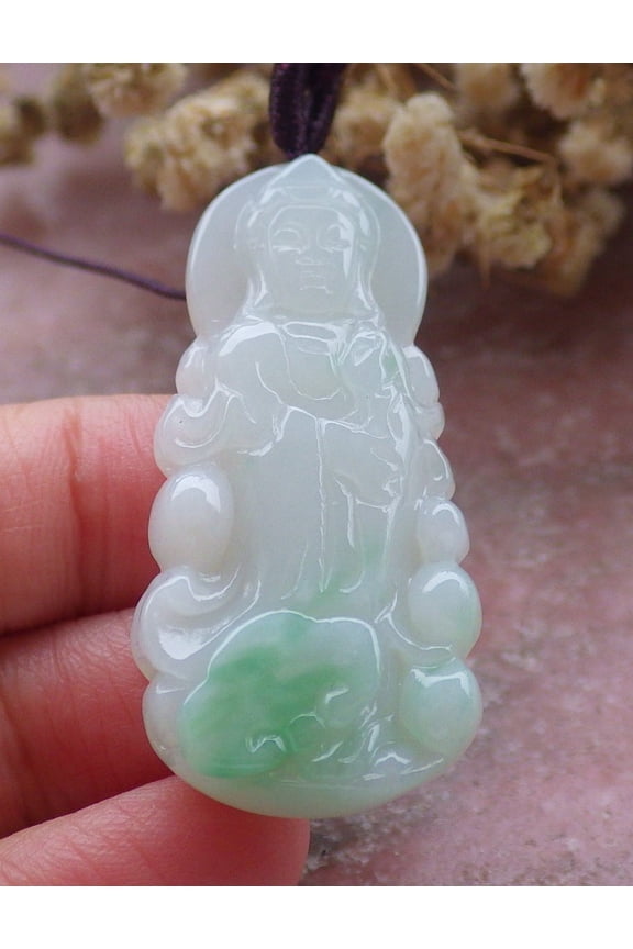 Certified Green Burma 100% Natural A Jade jadeite Pendant Guanyin Kwan Yin Ruyi Necklace 660331 TN