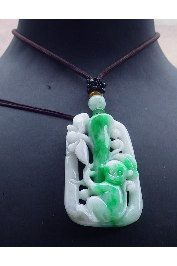 Certified Green Burma 100% Natural A Jade jadeite Pendant Monkey Lotus Flower Necklace 662948 TN