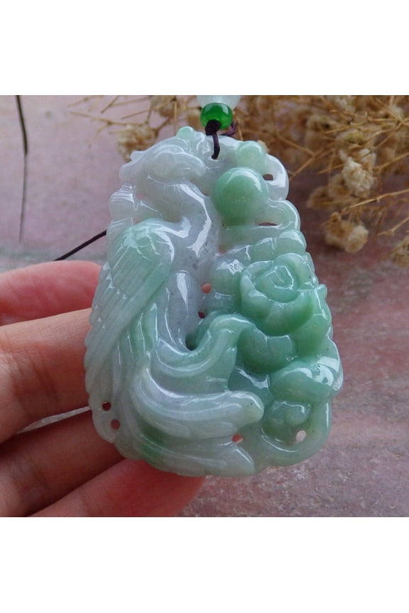 Certified Green Burma 100% Natural A Jade jadeite Pendant Phoenix Flower Ruyi Bead Necklace 661424 TN