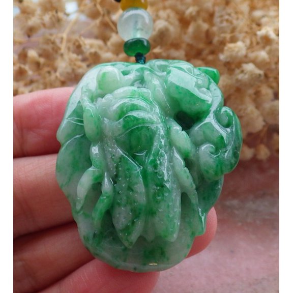Certified Green Burma 100% Natural A Jade jadeite pendant Cicada Lotus Flower Ruyi Leaf Necklace 659356 TN
