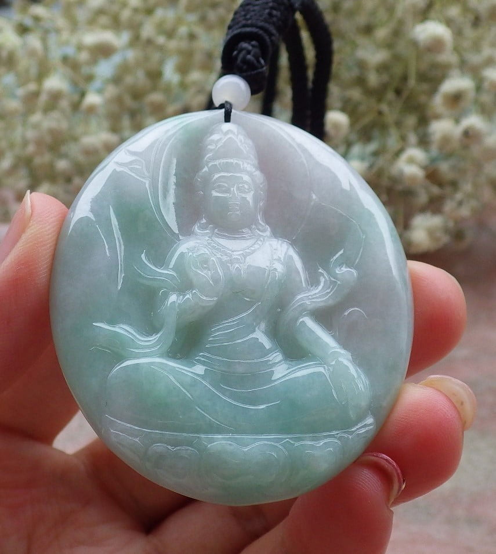 GOJADE Certified Green Burma Natural A Jade jadeite Pendant Guanyin Kwan Yin Lotus Flower Necklace 588431 TN