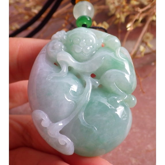 Certified Green Burma Natural A Jade jadeite Pendant Monkey Gourd Ruyi Necklace 653149 TN