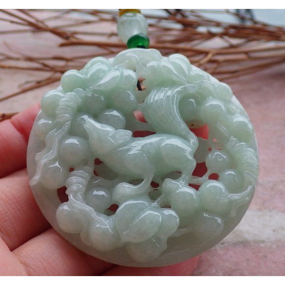 Certified Green Burma Natural A Jade jadeite Pendant Squirrel Grape Leaf Necklace 585379 TN
