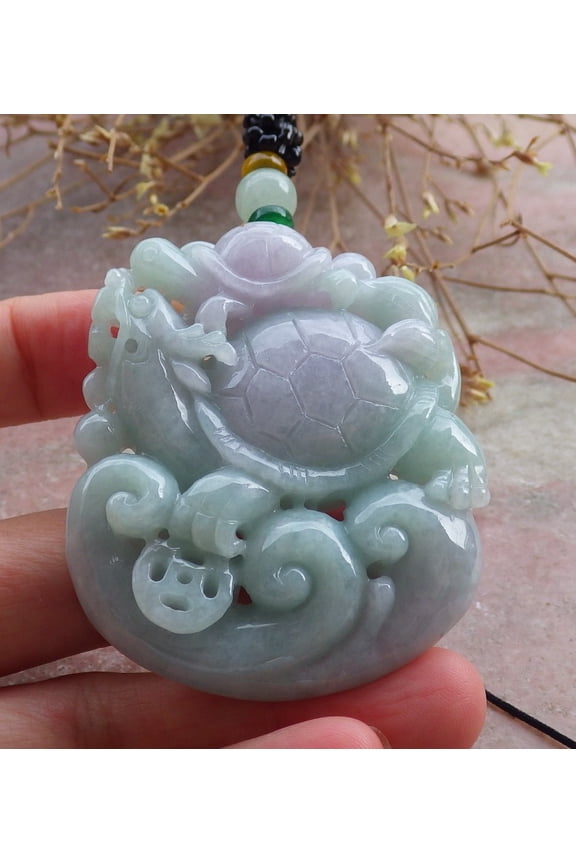 Certified Green Pale Laveder Burma Natural A Jade jadeite Pendant Dragon Turtle Coin Necklace 655932 TN