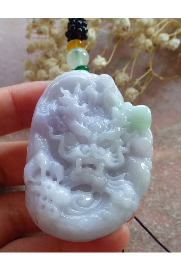 Certified Green Pale Lavender Burma 100% Natural A Jade jadeite Pendant Dragon Bead Necklace 592706 TN