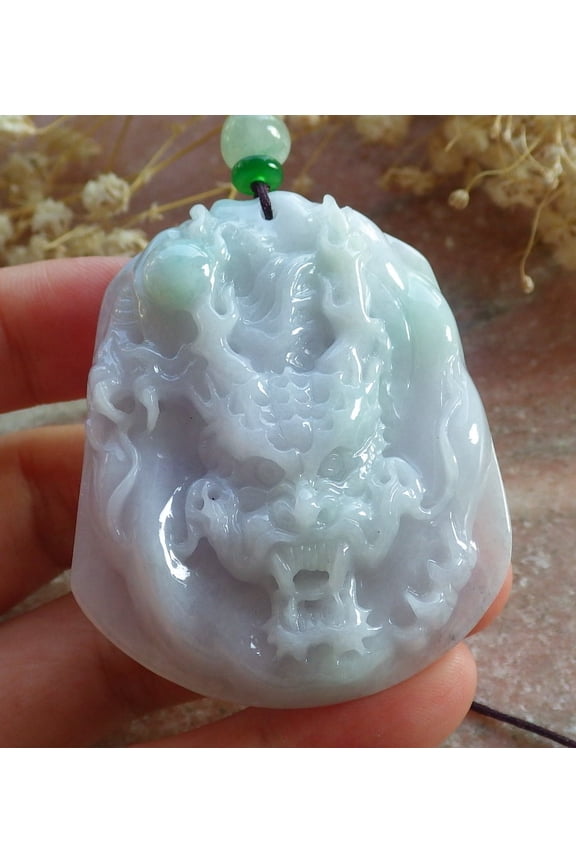Certified Green Pale Lavender Burma 100% Natural A Jade jadeite Pendant Dragon Bead Necklace 592827 TN