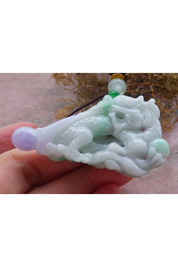 Certified Green Pale Lavender Burma 100% Natural A Jade jadeite Pendant Dragon Bead Ruyi Necklace 663399 TN