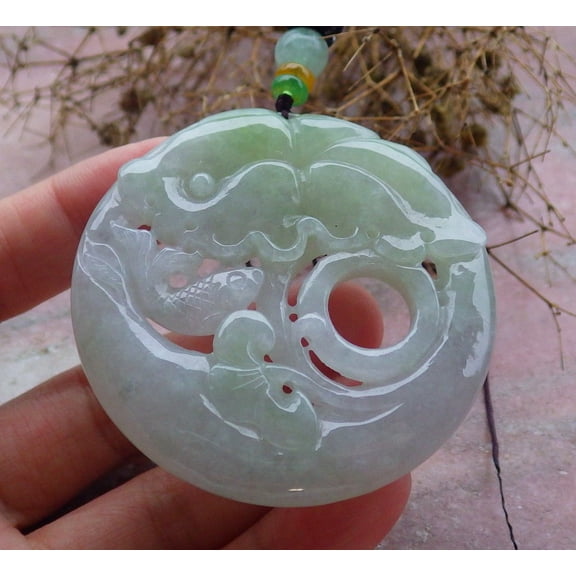 Certified Green Pale Lavender Burma 100% Natural A Jade jadeite Pendant Fish Lotus Leaf Coin Ruyi Necklace 665036 TN