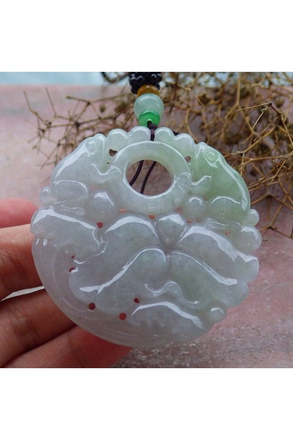 Certified Green Pale Lavender Burma 100% Natural A Jade jadeite Pendant Frog Toad Lotus Leaf Necklace 665028 TN