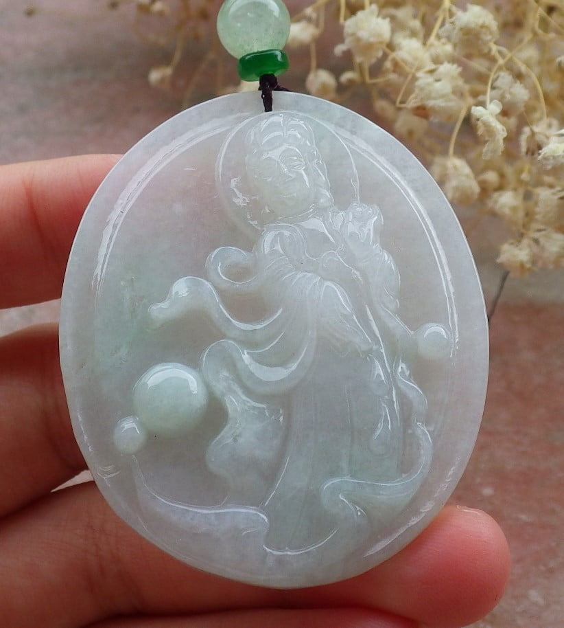GOJADE Certified Green Pale Lavender Burma 100% Natural A Jade jadeite Pendant Guanyin Kwan Yin Lotus Flower Necklace 592492 tn