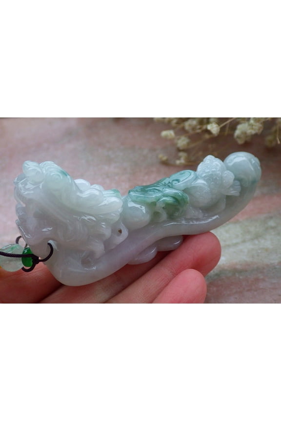 Certified Green Pale Lavender Burma Natural A Jade jadeite Pendant Dragon Frog Toad Ruyi Coin Hook Necklace 589219 TN