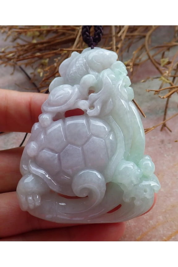 Certified Hand Carved Green 100% Natural Myanmar Burma A Jade Jadeite Dragon Turtle Fish Ruyi Pendant Necklace