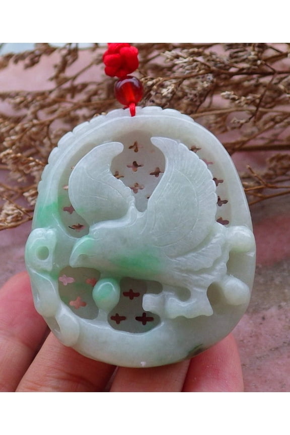 Certified Hand Carved Green 100% Natural Myanmar Burma A Jade Jadeite Eagle Ruyi Pendant Necklace
