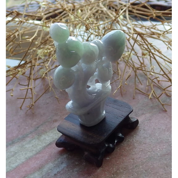 Certified Hand Carved Green Natural 100% Myanmar Burma A Jade jadeite Peach Tree Leaf Bird Vase Display with Wood Stand