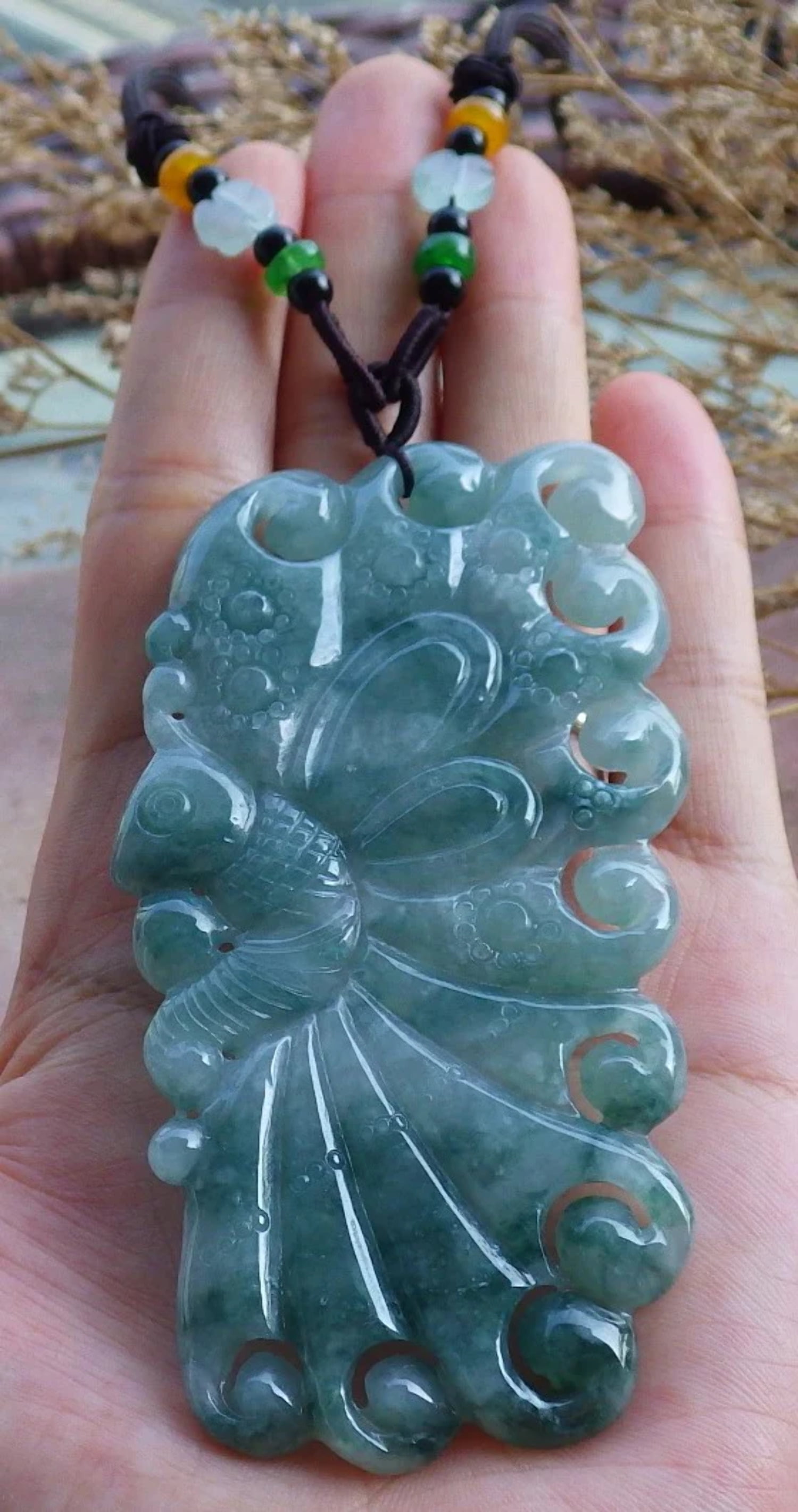GOJADE Certified Hand Carved Green Natural Myanmar Burma A Jade Jadeite Butterfly Pendant Necklace
