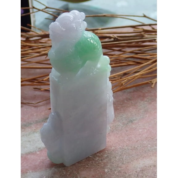 Certified Hand Carved Green Natural Myanmar Burma A Jade Jadeite Dragon Turtle Chop Seal Display