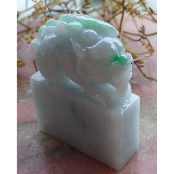 Certified Hand Carved Green Natural Myanmar Burma A Jade jadeite Dragon Pi Xiu Chop Seal Display