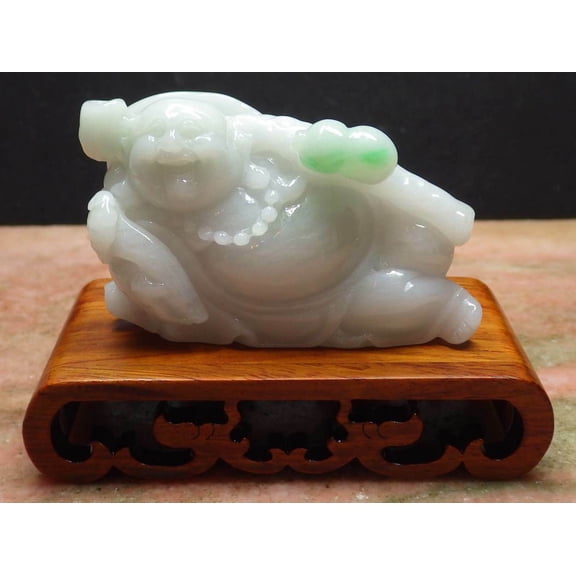 Certified Hand Carved Green Natural Myanmar Burma A Jade jadeite Happy Buddha God Gourd Display with Wood Stand