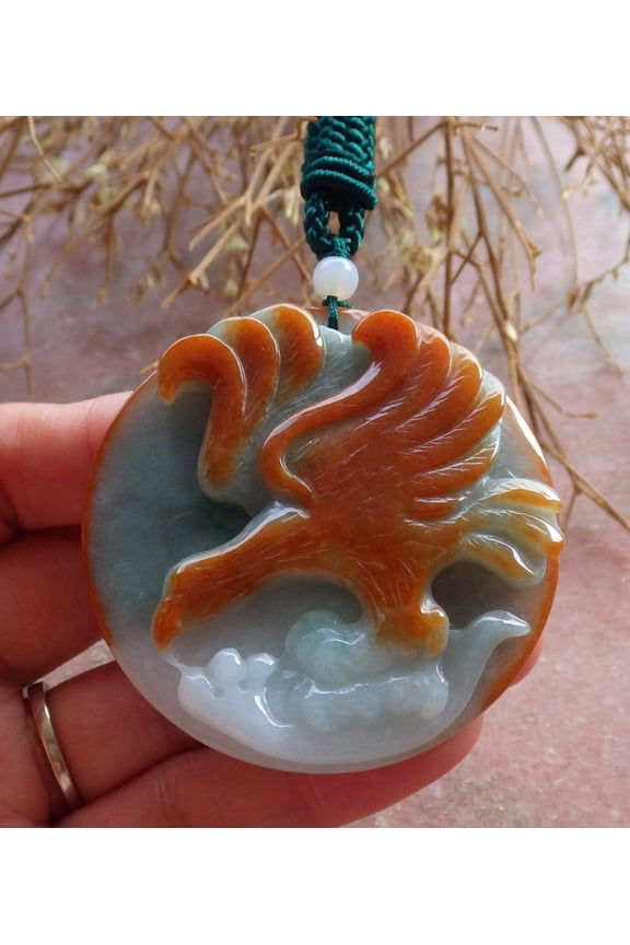 Certified Hand Carved Red Green Natural Burma A Jade jadeite Phoenix Eagle Pendant Necklace