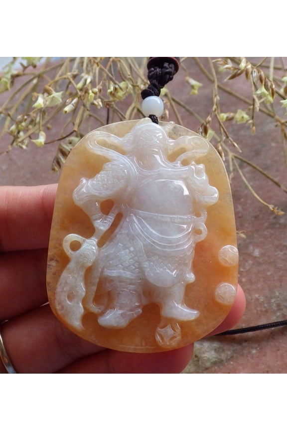 Certified Hand Carved Yellow 100% Natural Myanmar Burma A Jade jadeite Fight God Guan Gong God Guangyu Broadword Pendant Necklace