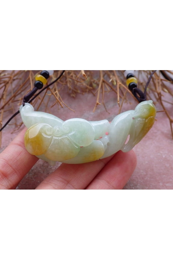 Certified Hand Carved Yellow 100% Natural Myanmar Burma Grade A Jade Jadeite Phoenix Bird Lotus Pendant Necklace